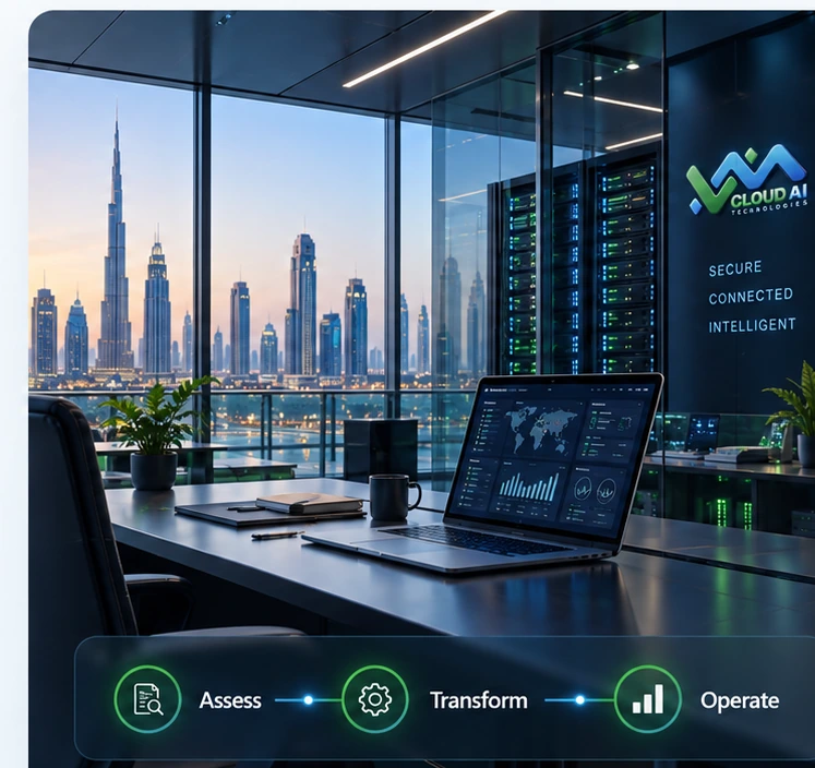 Secure cloud and AI operations overlooking Dubai skyline
