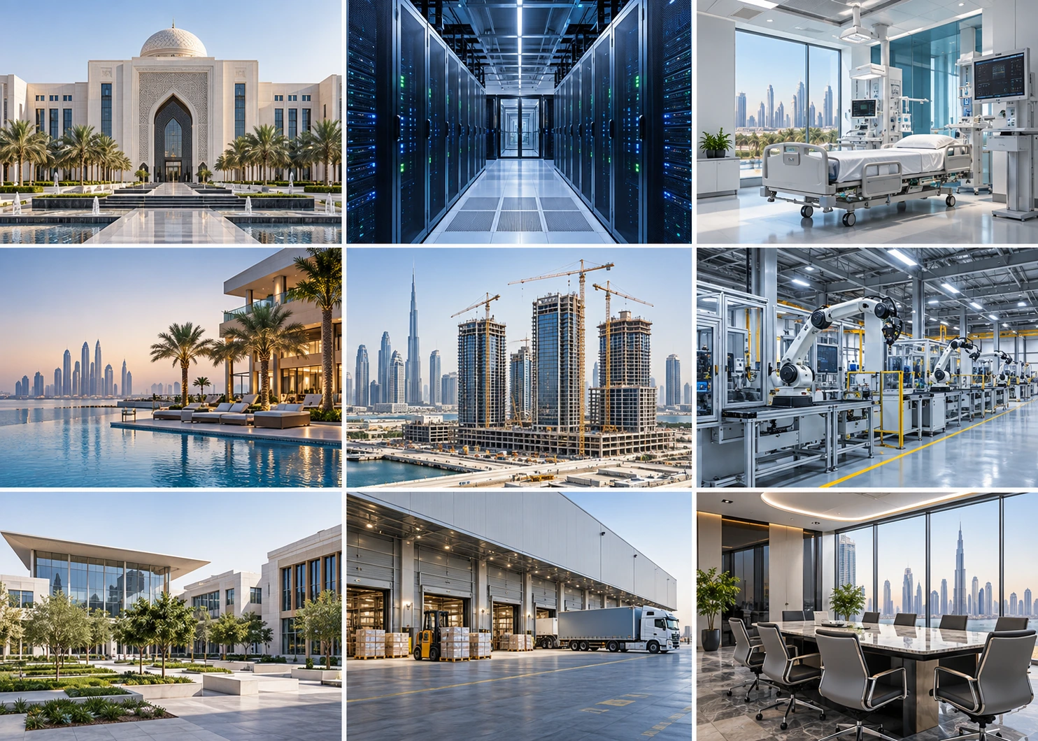 UAE industries including government, data centres, healthcare, hospitality, construction, manufacturing, education, logistics and professional services